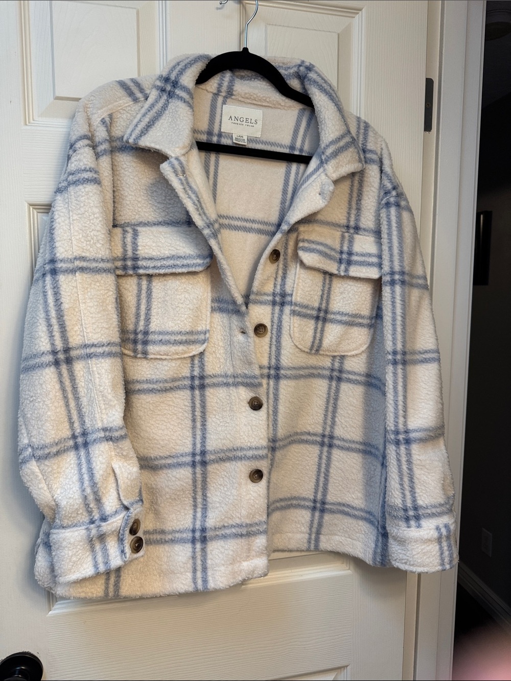 Angels Cream and Light Blue Plaid Sherpa Shacket